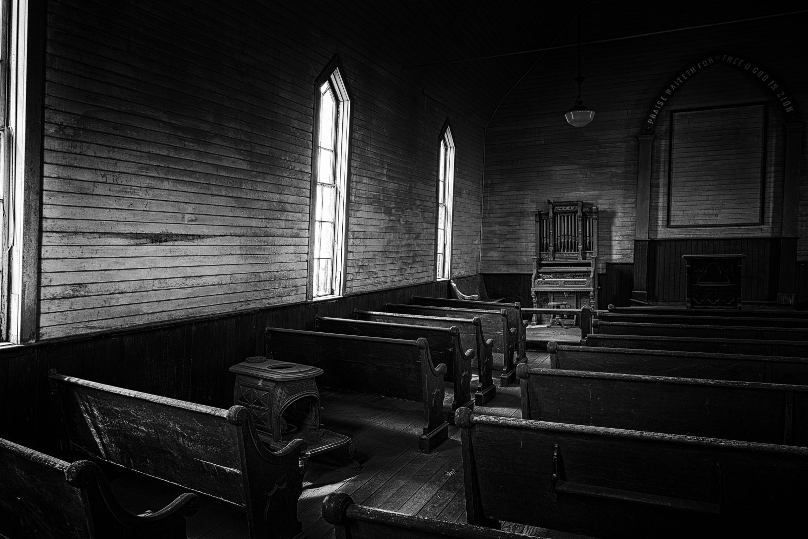 Old church interior in Bodi, California ghost town