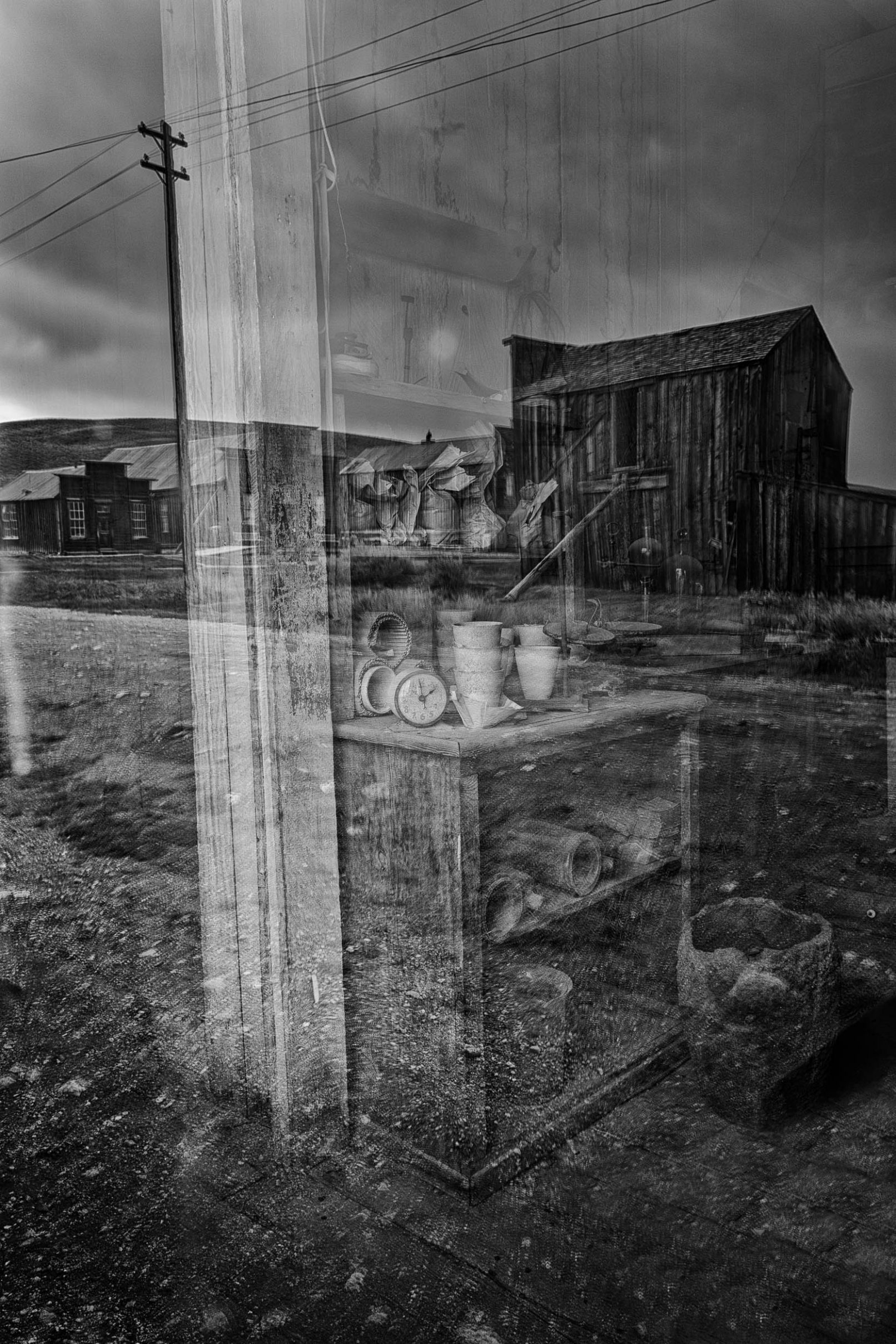Street scene with reflections in Bodi, California ghost town