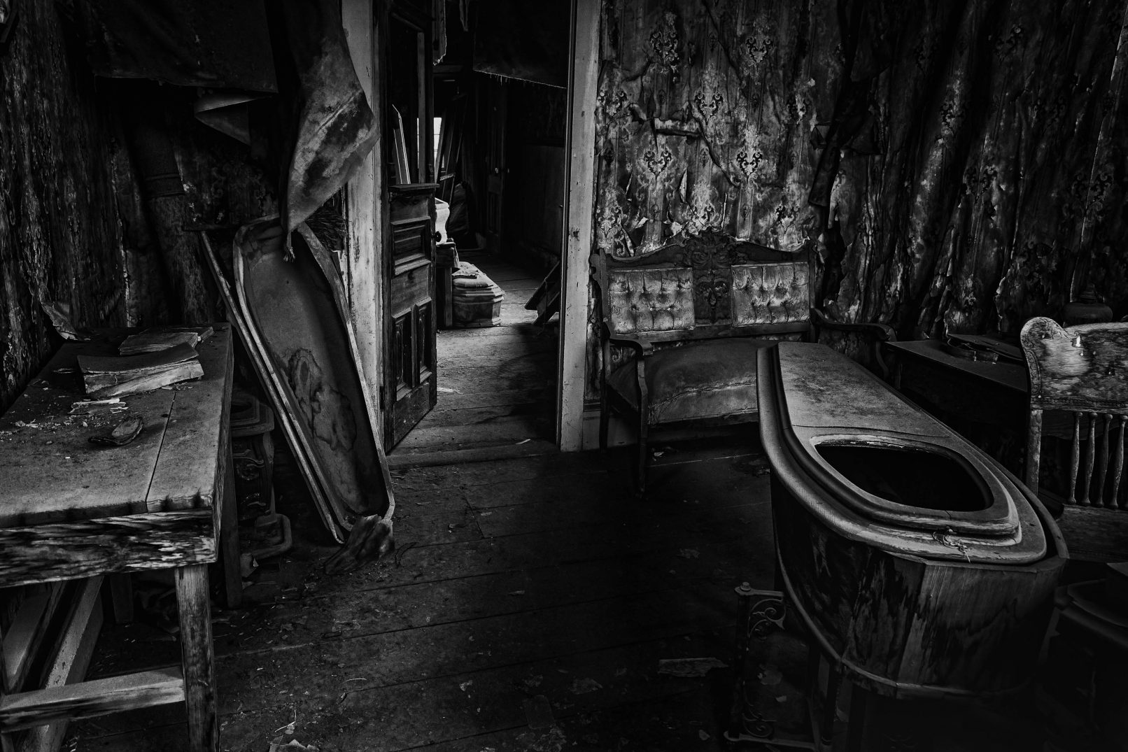 Funeral parlor with coffin in Bodi, California ghost town