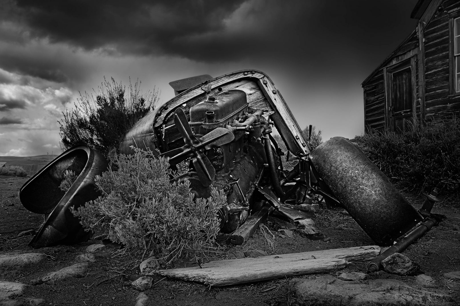 Old wrecked car in Bodi, California ghost town