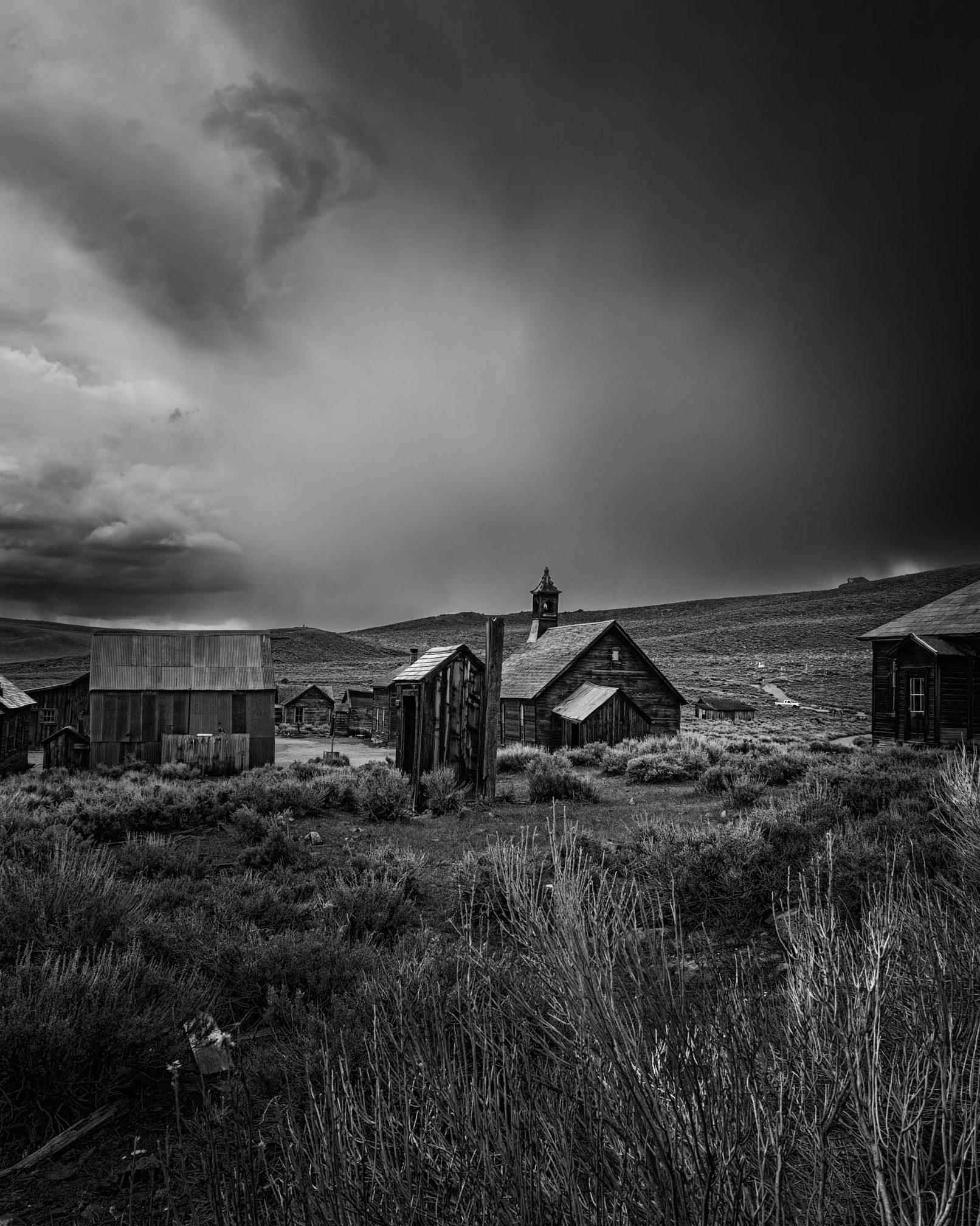 Bodie, California ghost town buildings with clouds