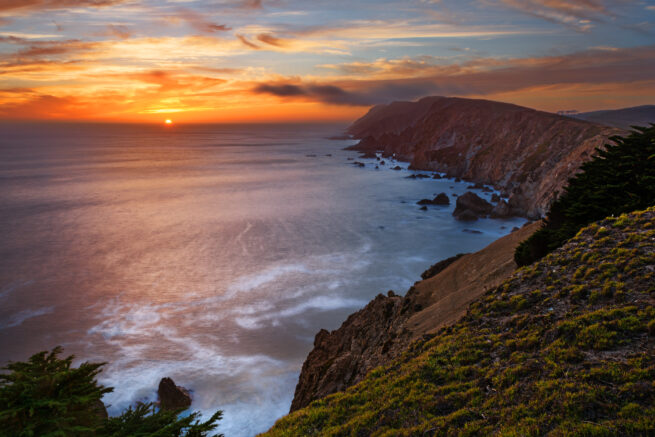 Sunset at Chimney Rock with cliffs, Point Reyes, California
