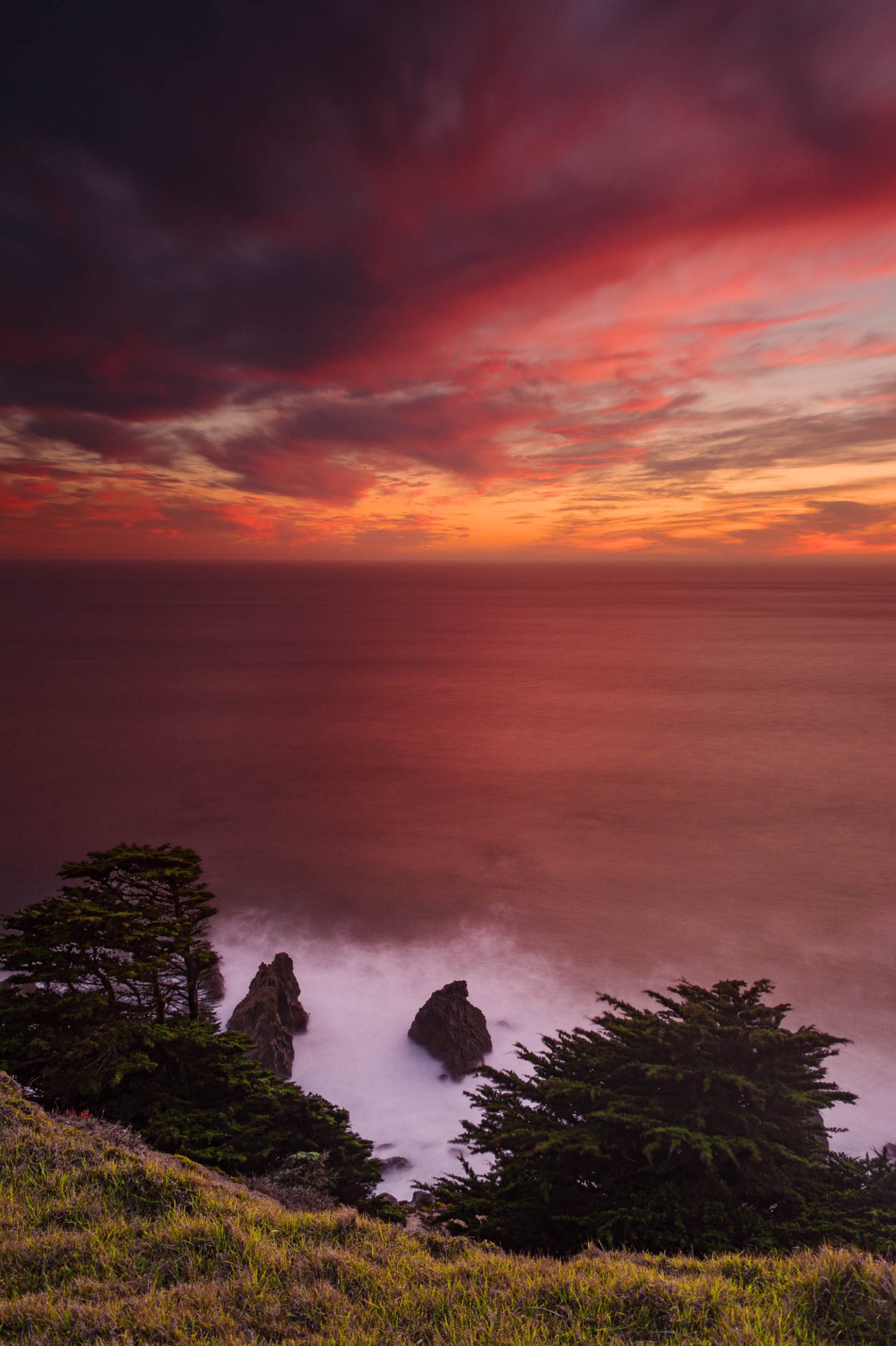 Red sunset at Chimney Rock, Point Reyes, California