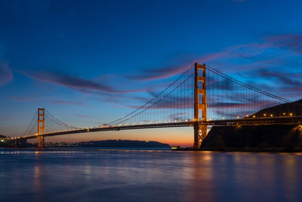 Golden Gate Bridge in evening twilight