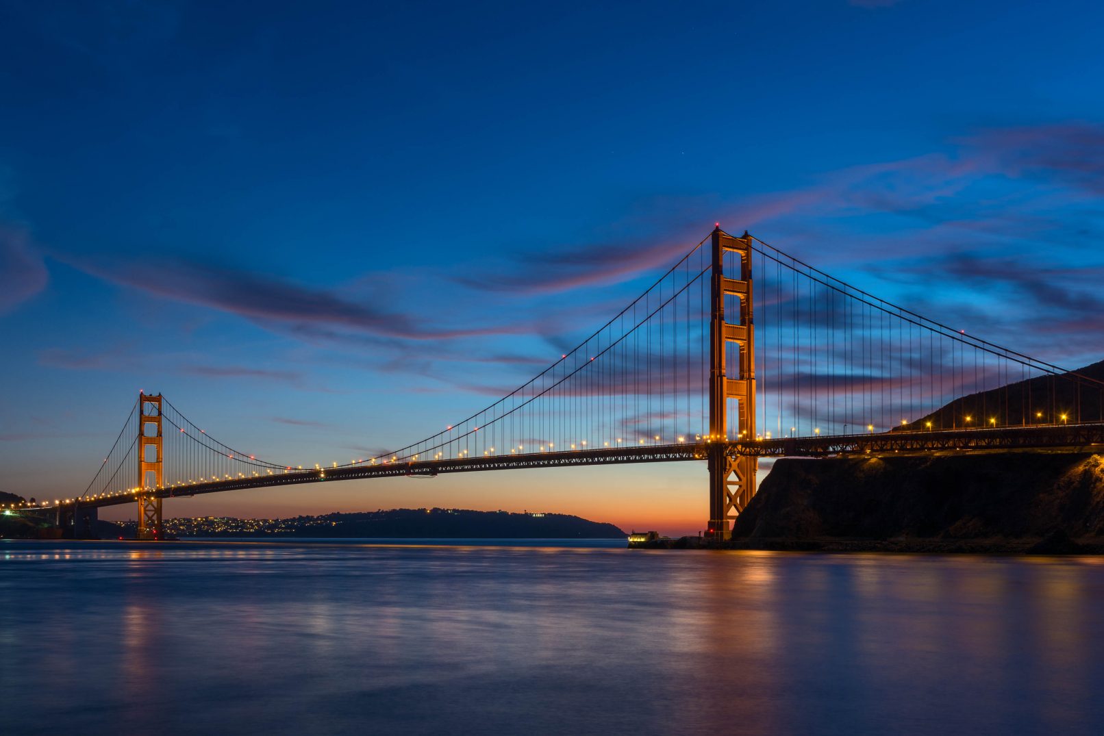 Golden Gate Bridge in evening twilight