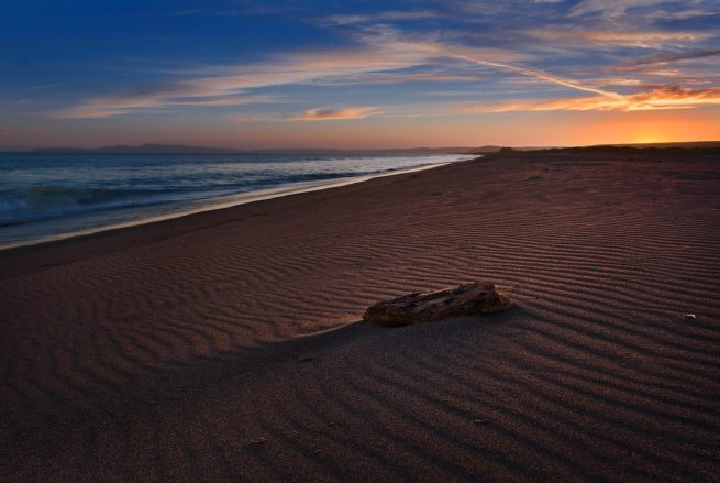 Beach sunset with wood and ridges in sand