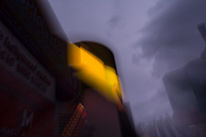 Lit building in Las Vegas with ominous clouds