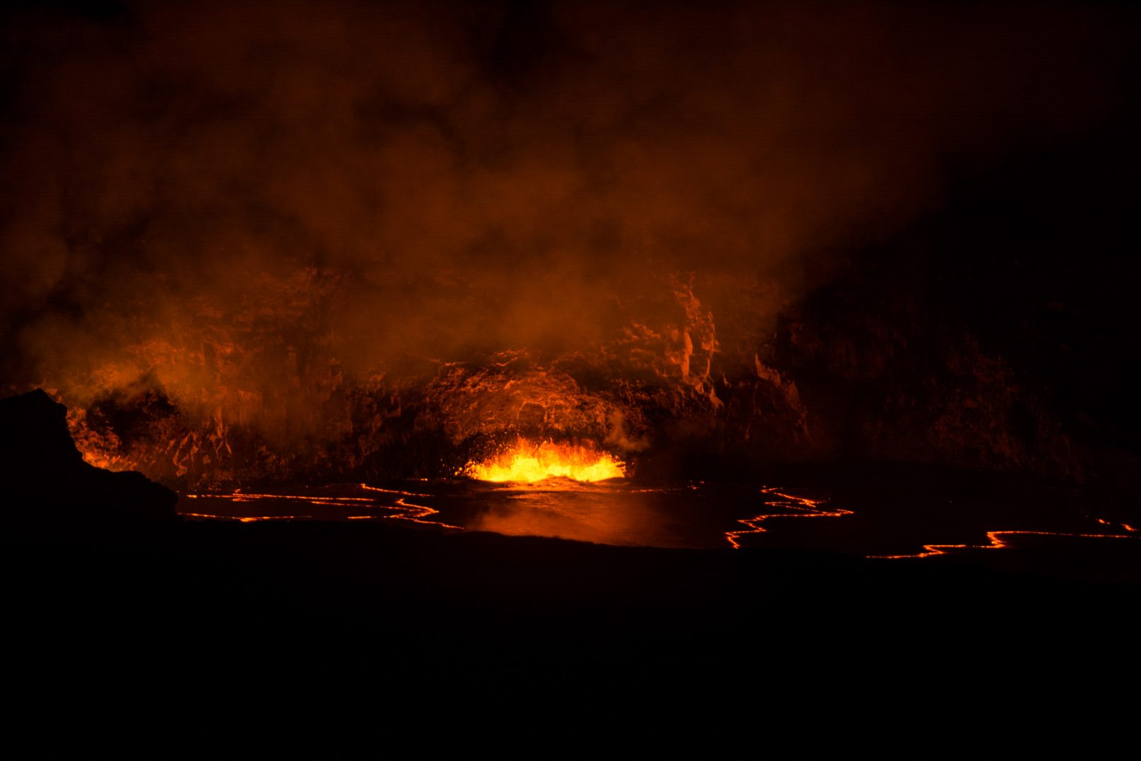 Hawaii Kilauea crater molten lava at night