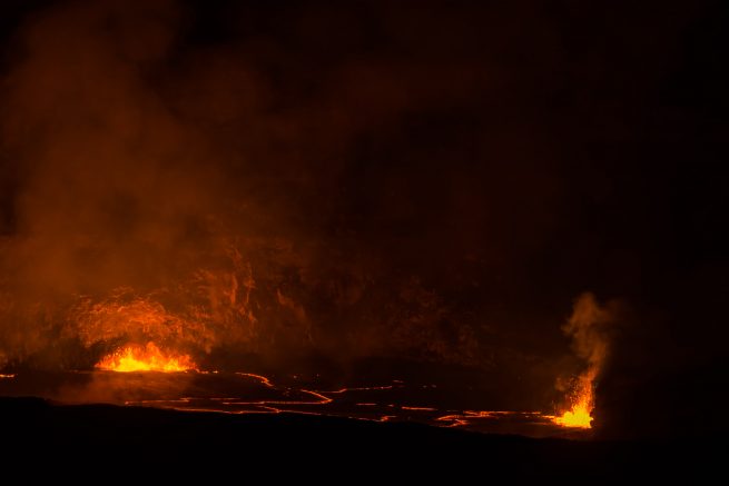 Hawaii Kilauea crater molten lava at night