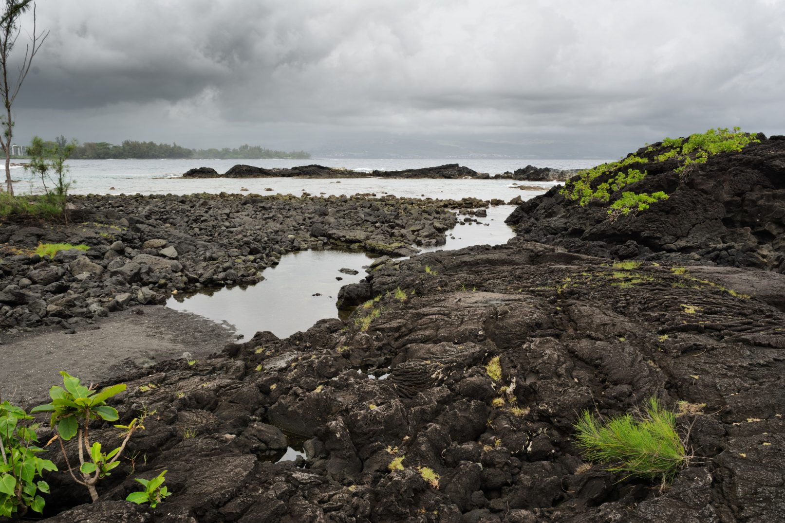 Hawaii rocky beach with moss and stormy sky