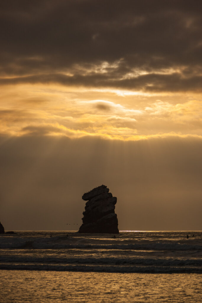 California beach sunset over rock